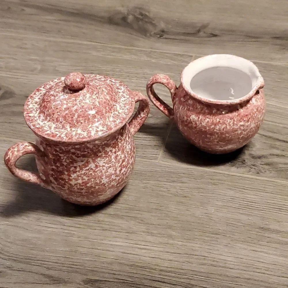 RARE Pink & White Vintage Clay Sugar & Creamer Set